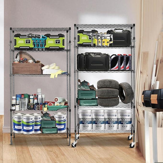 YNN Storage Shelves,1750Lbs 5 Tier Heavy Duty Metal Rolling Shelving Unit with Wheels & 8 Hooks, Adjustable Garage Wire Rack for Kitchen, Bathroom,Industrial,Pantry(36" W x 14" D x 72" H,Black) - ModernBath