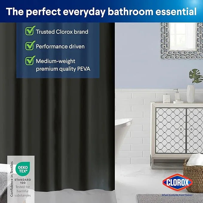 CLOROX Shower Curtain Liner, Premium Medium Weight Flexible Waterproof 6g PEVA for Bathroom with Weighted Magnets, Standard Size 72" x 72", Black 1 Pack - ModernBath