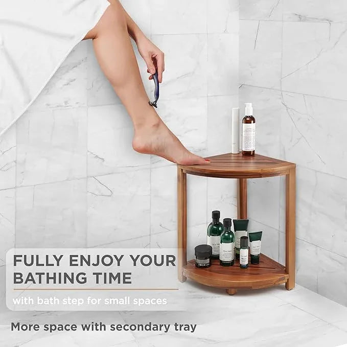 HOLANA 18" Wood Corner Shower Bench & Corner Shower Stool with Storage Shelf - Footrest for Shaving Legs - Bath Step for Small Spaces - Perfect for Indoor or Outdoor (Acacia) - ModernBath