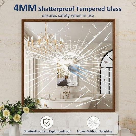 WEER Bathroom Mirror, 36x36 Inch Wall Mirror, Walnut Wood Grain Framed Mirror, Rectangle Vanity Mirror, Tempered Glass, Anti-Rust, Hangs Horizontally or Vertically - ModernBath