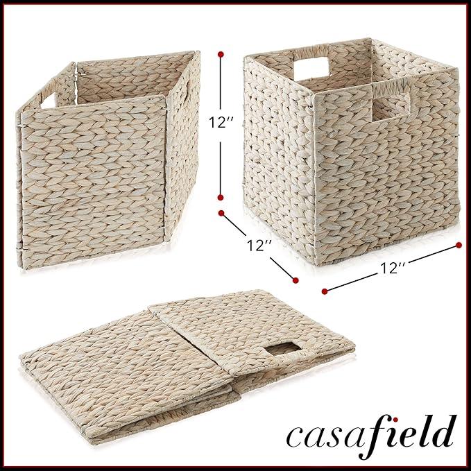 Casafield 12" x 12" Hyacinth Storage Baskets, Whitewash - Set of 6 Storage Organizers, Woven Wicker Cubes for Bathroom, Bedroom, Laundry, Shelves - ModernBath