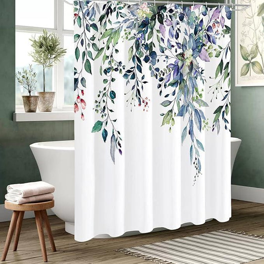 Gibelle Spring Floral Shower Curtain for Bathroom, Watercolor Green Eucalyptus Leaves Plant Shower Curtain Set, Washable Polyester Fabric 72x72 Inch - ModernBath