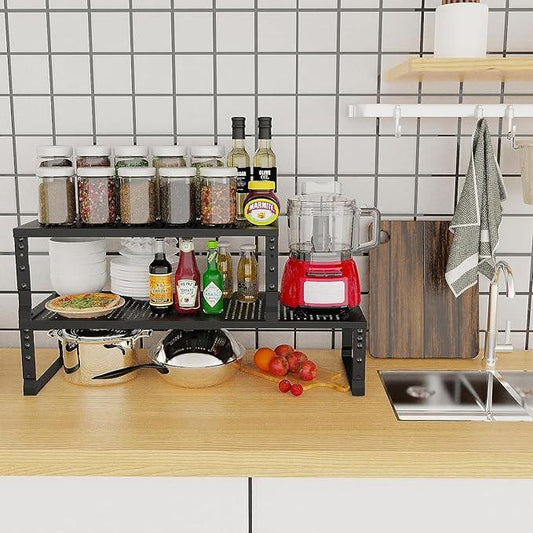 Expandable Cabinet Shelf Organizer Storage Spice Rack Shelves for Kitchen Stackable Adjustable Pantry Cupboard Bathroom Countertop Desktop(2Packs/Black/Large-with Hole) - ModernBath
