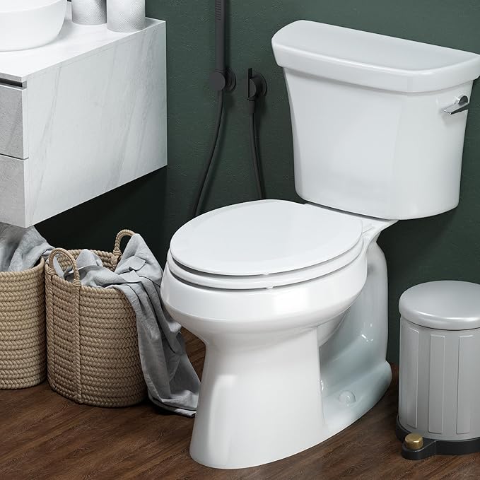 Elongated Toilet Seat Angol Shiold Quiet-Close Molded Wood Toilet Seat with Non-Slip Adjustable Hinges, Anti-Pinch Bumpers, Easy Install & Clean(White, Elongated 18.5'')