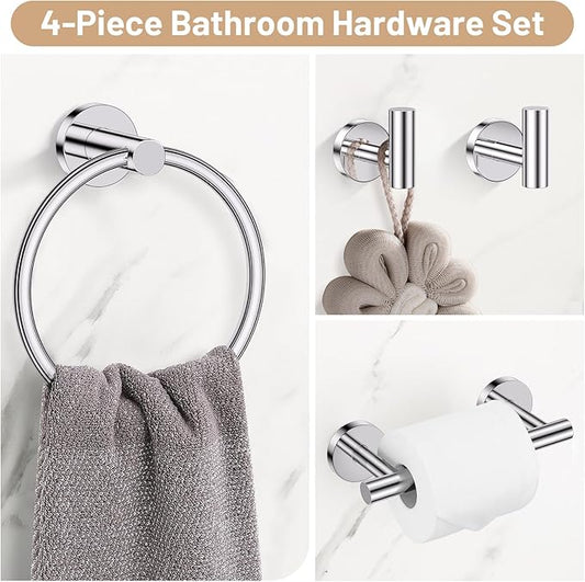 Polished Chrome Bathroom Hardware Set, 4-Piece Towel Holder Set Include Double Bases Toilet Paper Holder,Towel Ring and 2 Towel Hooks Stainless Steel Wall Mounted Bathroom Hardware Accessories Set