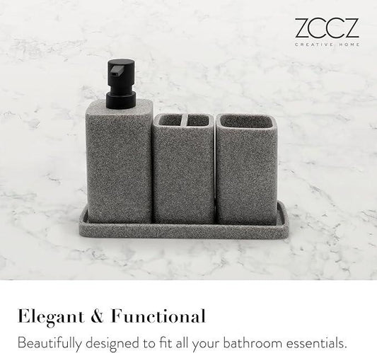 ZCCZ Grey Bathroom Accessory Sets, 4 Pieces Bathroom Accessories Complete Set Vanity Countertop Accessory Set, Includes Lotion Dispenser Soap Pump, Tumbler, Toothbrush Holder and Tray - ModernBath