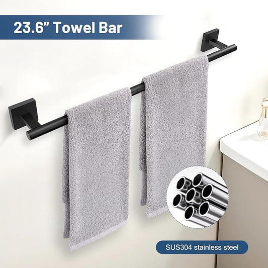 TURS Matte Black 5 Piece Bathroom Hardware Accessories Set, SUS304 Stainless Steel Bath Towel Bar Set, 24 Inch Round Bathroom Accessories Kit Wall Mounted - ModernBath