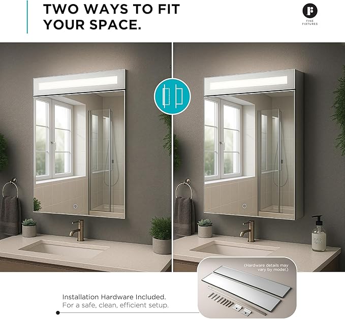 Fine Fixtures Bathroom Medicine Cabinet, Aluminum, Recessed/Surface Mount, Mirrored Interior w/LED (15 x 30 Right)