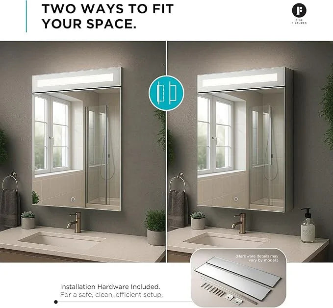 Fine Fixtures Bathroom Medicine Cabinet, Aluminum, Recessed/Surface Mount, Mirrored Interior w/LED (15 x 30 Right) - ModernBath