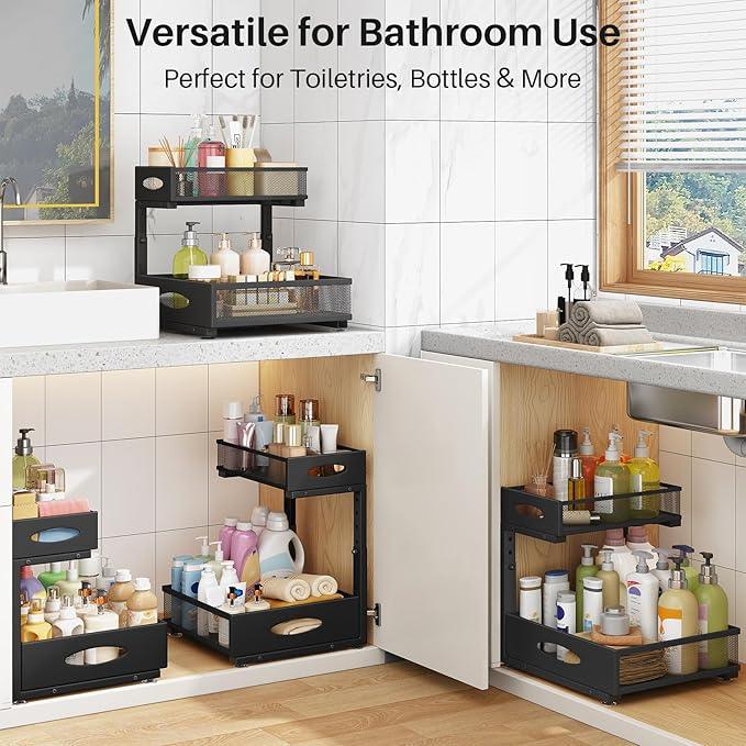 Under Sink Organizer, 2 Pack 2 Tier Pull Out Under Cabinet Organizer Shelf with Pad for Framed Cabinets, Metal Slide Out Under Sink Storage, Mesh Sliding Drawers for Kitchen Bathroom Laundry, Black - ModernBath