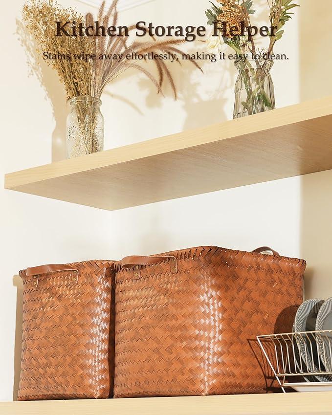 13x15x13 Woven Laundry Basket Hamper, Storage Basket for Clothes Blankets, 4-Pack Wicker Bin for Closet Shelves Bedroom Bathroom, Brown - ModernBath