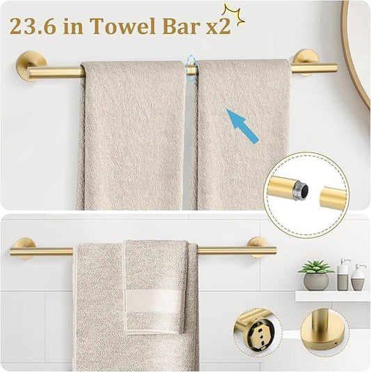 TURS Brushed Gold 10 Pieces Bathroom Hardware Set, SUS304 Stainless Steel 24 Inch Bath Towel Bar Set, Round Bathroom Accessories Kit Wall Mounted - ModernBath