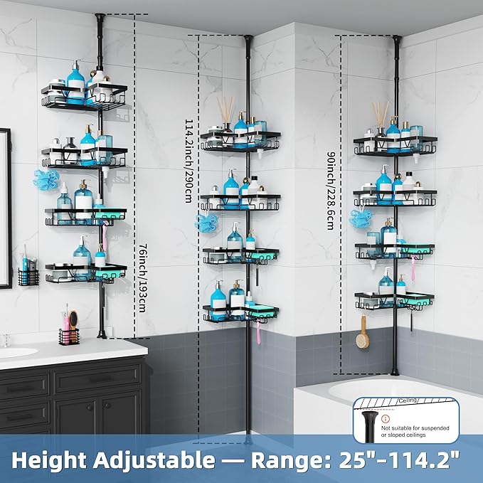 KEGII Set of 2 Wall Mount Toothbrush Holders with Tension Pole Shower Caddy, Rustproof Bathroom Organizer with Soap Holder & Hooks, 4 Adjustable Shower Shelves for Renters, 25-114.2 inch Black