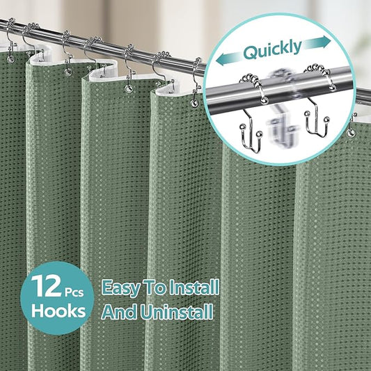 Vipfree 3 in 1 Shower Curtain Set, Waffle Shower Curtain and Liner Set with 12 Double Sided Shower Curtain Hooks, 258GSM Luxury Weighted Cloth Shower Curtains for Bathroom, 72 W x 72 H, Sage Green