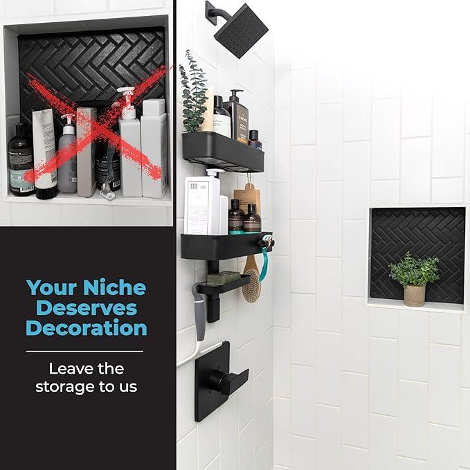 ShowerSMART Rust Resistant Hygienic Shower Caddy – Hanging Bathroom Organizer with Adjustable Shelves, Easy Clean Trays & Magnetic Hooks for DIY Remodels & Shower Niches - Black - ModernBath