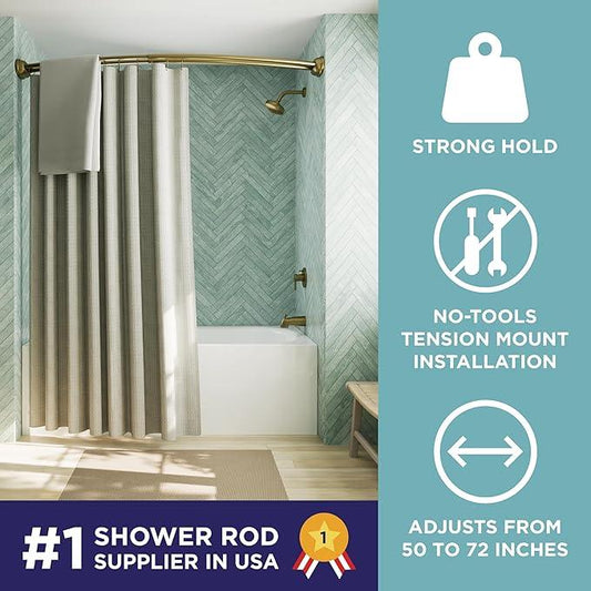 Zenna Home Rustproof Double Curved Shower Curtain Rod, No Drill Tension Mount, 50 to 72 Inches Adjustable Tension Shower Rod for Bathroom, Curves Out for Extra Room, Gold - ModernBath