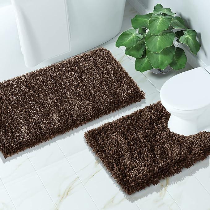 Yimobra Bathroom Rugs Sets 2 Piece, Soft Absorbent Bath Mat and U-Shaped Toilet Rug with Non Slip Backing, Luxury Shaggy Bath Mats for Bathroom, Machine Washable, 31.5"x20"+24"x20", Brown - ModernBath