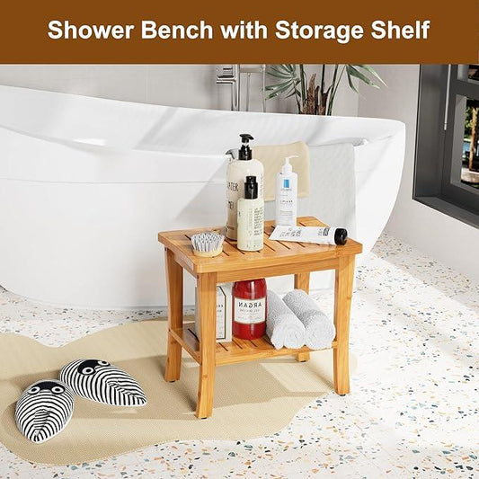 Bamboo Shower Bench Stool with Storage Shelf Waterproof Shower Chair Spa Bath Seat First Apartment Essentials New Home Must Haves Things Stuff Accessories House Warming Hostess Host - ModernBath