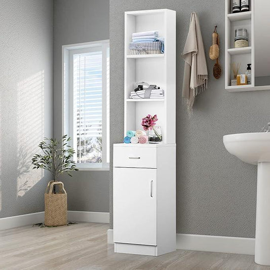 BNSPLY Tall Bathroom Cabinet, Narrow Slim Linen Cabinet with 3 Tier Open Shelves and Drawer, Free Standing Linen Tower for Bathroom, Living Room, Kitchen (White 13.4" W x 13" D x 70" H) - ModernBath