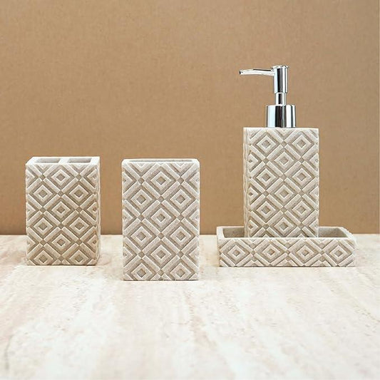 SEICASAYA 4-Piece Bathroom Accessory Set – Modern Resin & Sandstone Vanity Organizer, Vintage Texture Lotion Dispenser, Toothbrush Holder, Tumbler, Soap Dish (Beige) - ModernBath