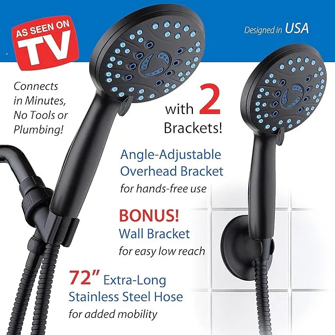 AquaCare High Pressure 8-mode Handheld Shower Head - Anti-clog Nozzles, Built-in Power Wash to Clean Tub, Tile & Pets, Extra Long 6 ft. Stainless Steel Hose, Wall & Overhead Brackets - ModernBath