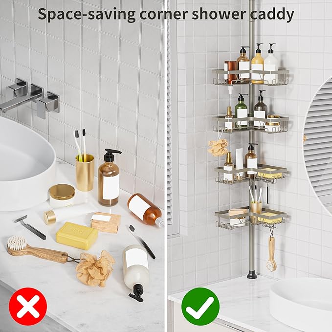 KEGII Shower Caddy Tension Pole, 4-Tier Rustproof Adjustable Corner Bathroom Organizer for Renters, 25–114.2 Inch No Drill Space-Saving Shower Storage Rack, Silver Gray