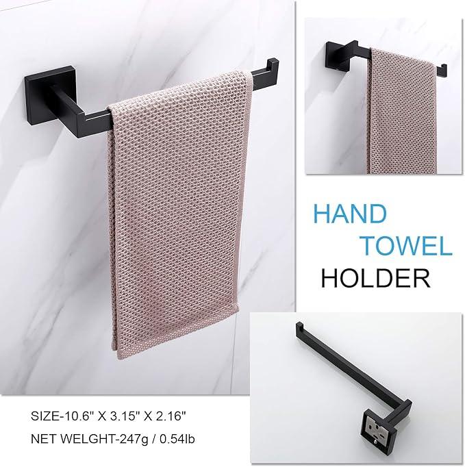 TASTOS 5-Pieces Matte Black Bathroom Hardware Set, Premium Stainless Steel Square Wall Mounted-Includes 23.6 Inch Towel Bar, Toilet Paper TP Holder, 9 Inch Towel Holder, 2 Robe Towel Hooks - ModernBath