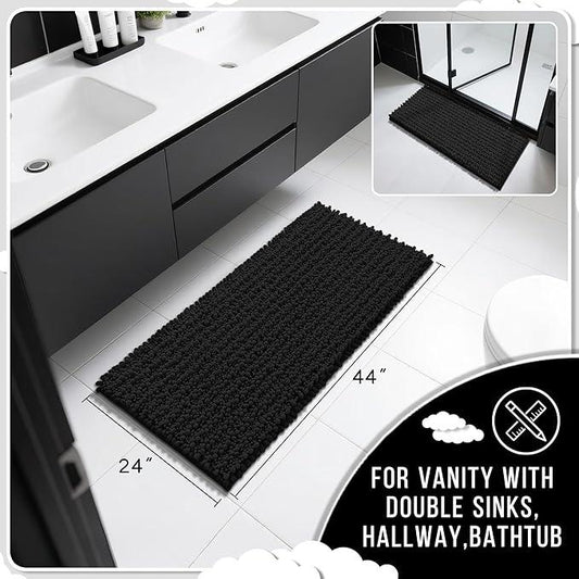 Yimobra Long Bathroom Rugs Non Slip Washable 44x24 Inch - Ultra Soft Absorbent Chenille Bath Mat, Quick Dry Shaggy Floor Carpet for Tub Shower, Black Home Decor Accessories - ModernBath