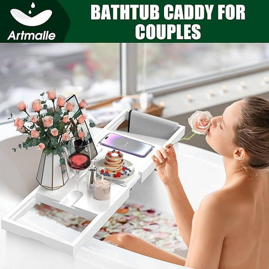 Artmalle Bathtub Tray for Tub, Expandable Bamboo Bath Caddy Tray with Book Holder for Home Spa Relaxing, Foldable Minimalist Bathroom Accessories for Women Men (Simple, White) - ModernBath