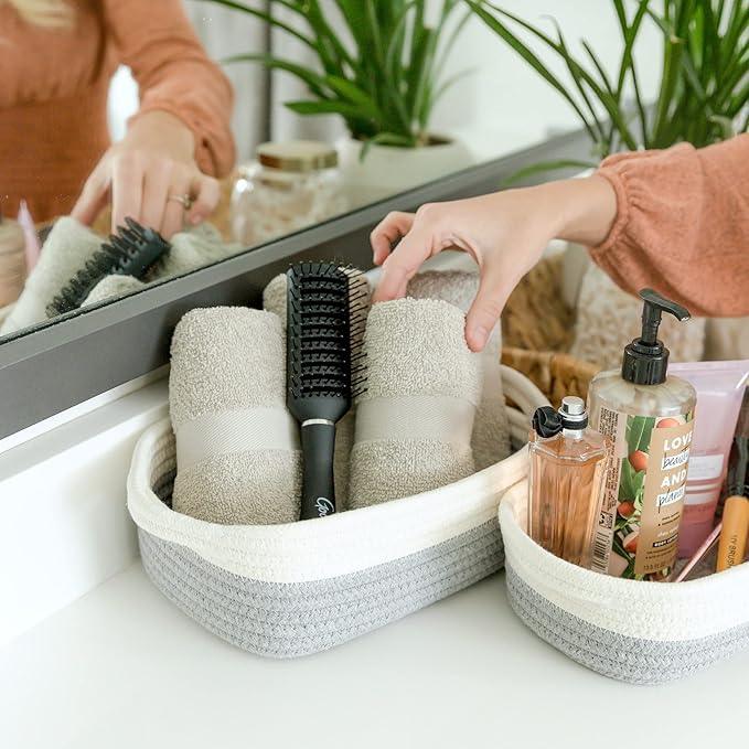NaturalCozy 5-Piece Rectangle Storage Basket Set- Natural Cotton Rope Woven Baskets for Organizing! Small Basket for Montessori, Baby Nursery, Dog Toy Baskets, Cat Toy Box, Bathroom Organization Bin - ModernBath
