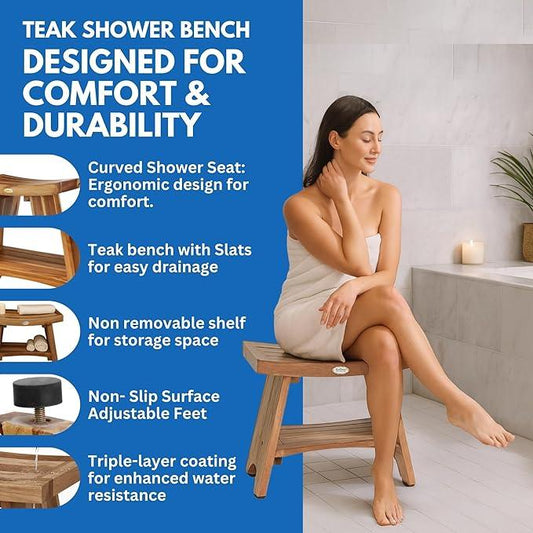 EcoDecors 24 Inch Serenity Teak Shower Bench – Waterproof Bathroom Seat with Large Storage Shelf For Adults & Seniors | Spa-Style Teak Wood Stool with Non-Slip Feet, Elegant Finish, 300 Pound Capacity - ModernBath