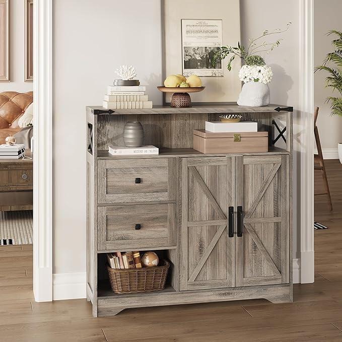 Fameill Farmhouse Storage Cabinet with Drawers and Open Storage,Freestanding Kitchen Pantry with 2 Barn Doors, Floor Cabinet with Adjustable Shelf for Living Room,Grey - ModernBath