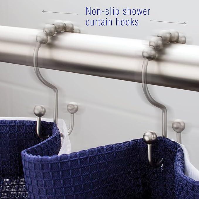 2lbDepot Double Sided Shower Curtain Hooks, Decorative Brushed Nickel Shower Curtain Hooks Rust Proof, Premium Stainless Steel Metal Hooks, Easy Glide Rollers, Set of 12 Curtain Rod Rings - ModernBath