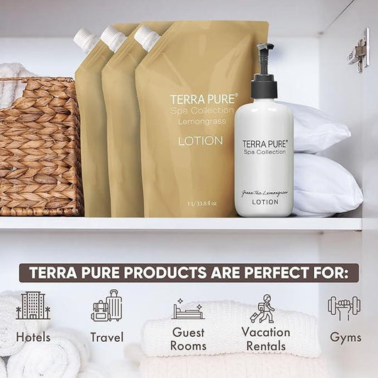 Terra Pure Spa Collection 1 Liter Lotion Refill Bag For Soap Dispensers | Bulk Toiletries for Vacation Rentals, and Home Bathroom Showers | Green Tea Lemongrass | Set of 3 - ModernBath