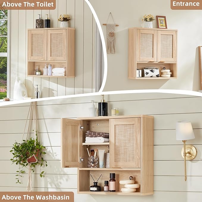 LEYAOYAO Rattan Bathroom Wall Cabinet, Boho Medicine Cabinet with Adjustable Shelf & Doors, Over The Toilet Storage Cabinets Organizer for Laundry Room, Kitchen, Living Room, Natural