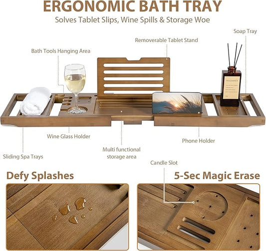 Realgulf Bamboo Bathtub Tray Caddy - Splash-Proof Adjustable (28.5-40") with Wine Holder, Tablet Stand & Non-Slip Grip | Spa-Grade Organizer for Bath Essentials & Reading- Walnut