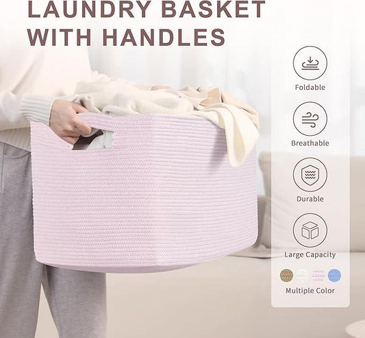 86L Large Baby Girls Laundry Basket for Nursery Storage,Cute Woven cotton Rope Baskets for Kids Toy,Gifts, Boho Square Wicker Blanket hamper for Living Room,Bedroom Dirty Clothes,Pink - ModernBath