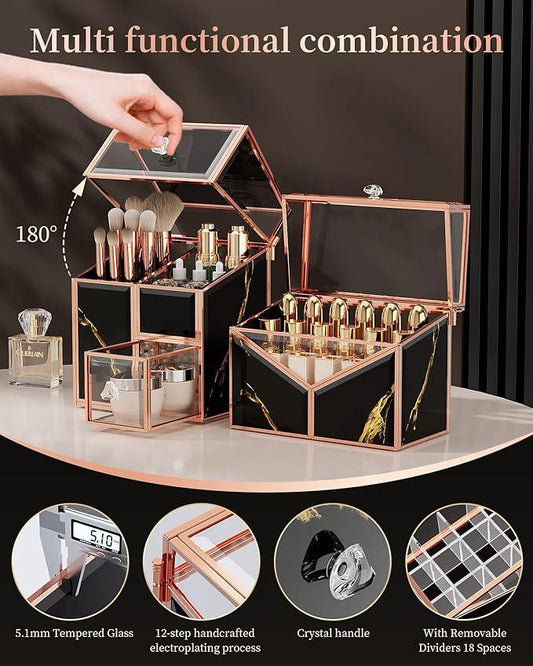 CoralHouse black makeup organizer – Vanity Holder with 18-Slot Lipstick Organizer & Covered Makeup Brush Holder – Skincare, Perfume & Cosmetic Display for Bathroom or Dresser - ModernBath