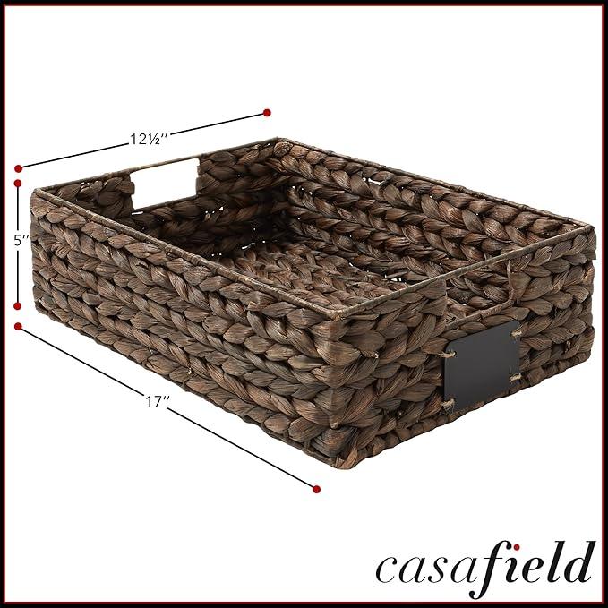 Casafield Set of 4 Water Hyacinth Pantry Baskets, 12-1/2" x 17" x 5", with Chalkboard Labels and Chalk Marker - Espresso, Woven Storage Bin Organizers for Kitchen Shelves - ModernBath