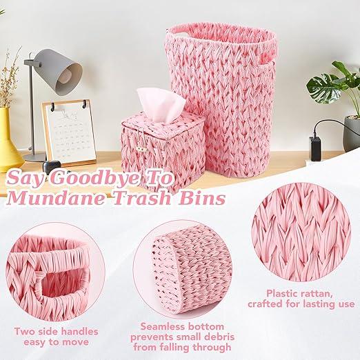 BSSN Wicker Trash Can & Square Tissue Box, Handwoven Waterproof Waste Basket with Handles, Wicker Home Set for Bedroom, Bathroom, Kitchen, Office, Balcony, Pink - ModernBath