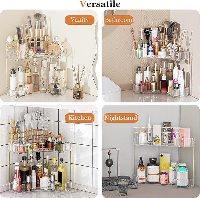 Webetop Corner Makeup Organizer for Vanity, 2 Tier Bathroom Cosmetics Organizer Countertop with Make up Brush Holder Corner Counter Storage Skincare Organizer for Bathroom Dresser Toiletry(Clear) - ModernBath