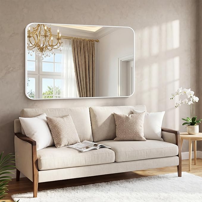 BONEWEI White Bathroom Mirror,55x36 inch Wall Mirror for Bathroom Wall Mounted,Rectangle Mirror for Bathroom Over Sink,Modern Frame Round Corner for Living Room,Bedroom Entryway,Horizontal/Vertical