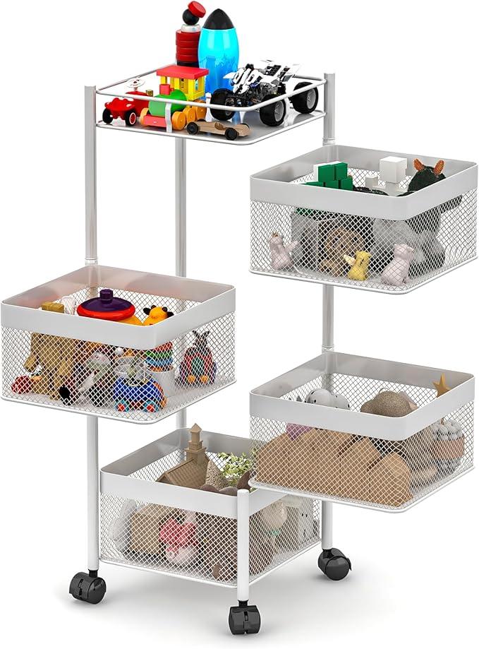 Rotating Kitchen Storage Rack,Fruit and Vegetable Basket Cart,Bathroom Shelf,Kitchen Organization and Storage Rack,Rolling Carts on Wheels(White, 4 Tier-Square) - ModernBath