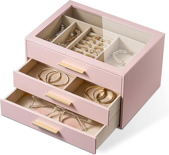 pickpiff Jewelry Box Organizer Case for Women: 3-Layer Jewelry Storage Case with Glass Window, Pink Leather with Velvet Holder for Ring Necklace Bracelet Brooch Watch, Great Gift for Her - ModernBath
