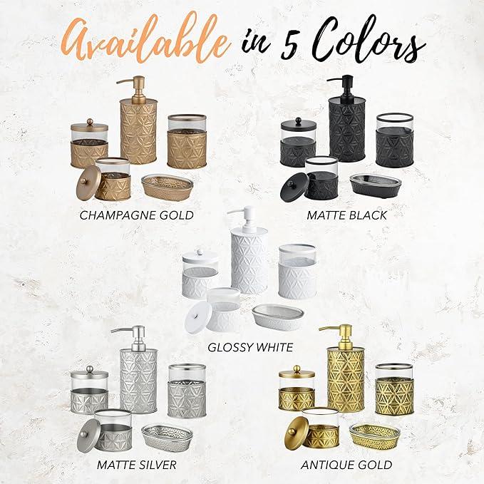Autumn Alley Black Bathroom Accessories Set, 5 Pieces, Bathroom Decor - Black Soap Dispenser Bathroom Lotion Dispenser, Metal Toothbrush Holder, 2 Glass Apothecary Jars (Qtip Holder), Soap Holder - ModernBath