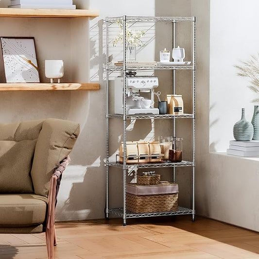 IZEUK 5-Tier Chrome Metal Storage Shelves, Adjustable Wire Shelving Unit for Kitchen, Bathroom, Pantry, Office, Garage, Organizer Wire Rack, 1250 lbs, 13.7" D x 23.6" W x 63" H