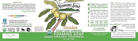 Vermont Soap Organic Sage Lime Wisdom Foaming Hand Soap - Natural Moisturizing Soap for Dry Skin - Fragrance Free Liquid Bathroom Hand Soap - Sage Lime Wisdom - 64 oz - ModernBath