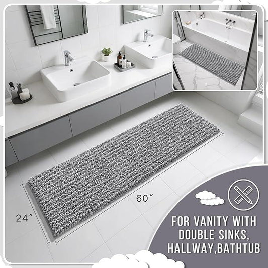 Yimobra Bathroom Runner Rug 60x24 Inch - Extra Long Non Slip Chenille Bath Mat, Soft & Absorbent, Machine Washable Shaggy Hallway Carpet for Vanity Tub Shower, Gray Home Decor Accessories - ModernBath