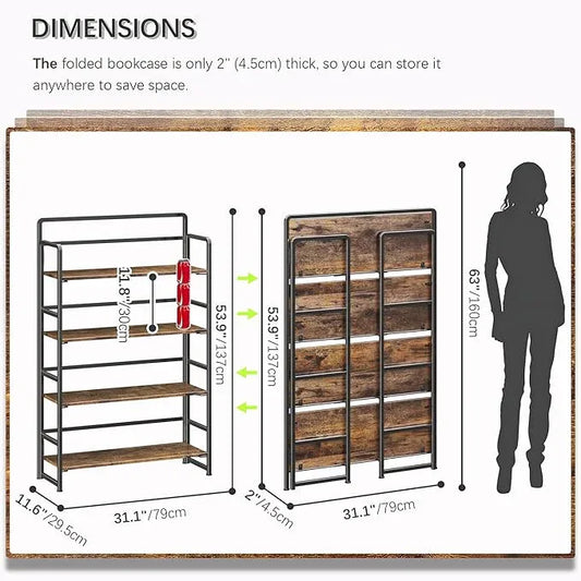 4NM No Assembly Extra Wide 4 Tiers Folding Bookshelf Storage Shelves Vintage Bookcase Standing Racks Study Organizer Home Office (Rustic Brown Black) - ModernBath