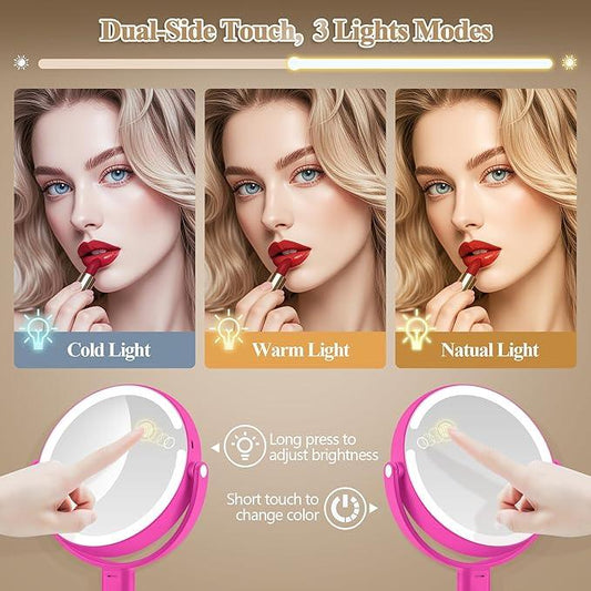 MOMOKUBA Makeup Mirror with Lights, Double Sided 1x/20x Magnifying Mirror with Light, Rechargeable 3 Color Lights and Adjustable Brightness, 360° Rotation Detachable Comes with Tweezer(Hotpink) - ModernBath